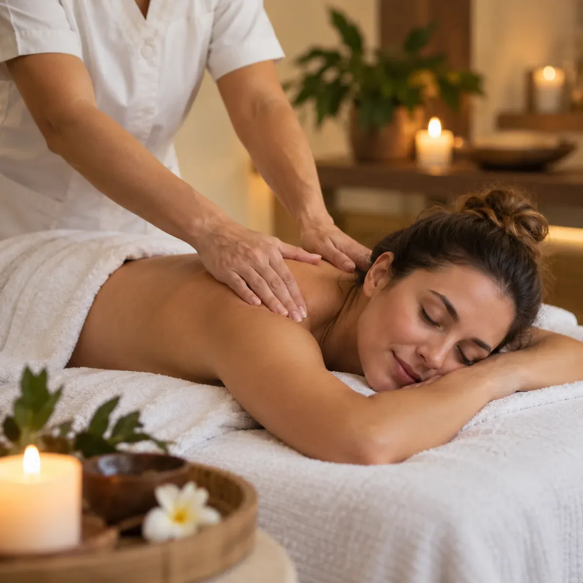Massagem relaxante nas costas em ambiente calmo e acolhedor
